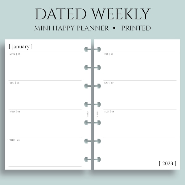 Dated Weekly Planner Inserts, Horizontal Layout, Two-Page Weekly, Minimal, Functional, WO2P ~ Mini Happy Planner / 4.6" x 7" Discbound