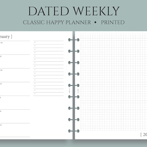 Dated Weekly Planner Inserts, Classic Happy Planner, Horizontal Grid Layout, Two-Page Weekly, Graph Section, Minimal WO2P ~ 7" x 9.25"