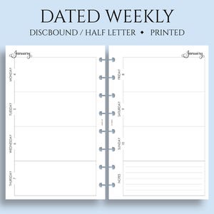 Dated Weekly Planner Inserts, Junior Half Letter Size Discbound, Two Page Horizontal Layout, Lined Notes, WO2P ~ 5.5" x 8.5"
