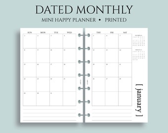 Dated Monthly Calendar Planner Inserts, Sunday Start, MO2P, Minimal, Functional ~ Mini Happy Planner / 4.6" x 7" Discbound