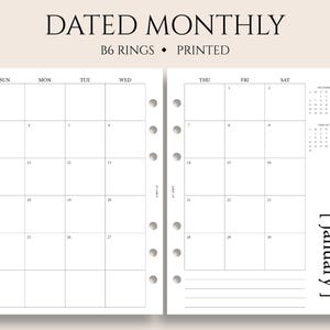 Dated Monthly Calendar Planner Inserts, B6 Planner, 6-Ring, Sunday Start, MO2P, Minimal, Functional ~ 5.3" x 7"