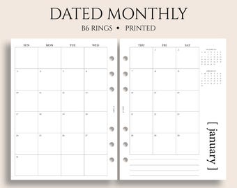 Dated Monthly Calendar Planner Inserts, B6 Planner, 6-Ring, Sunday Start, MO2P, Minimal, Functional ~ 5.3" x 7"
