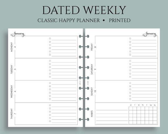 Dated Weekly Planner Inserts, Classic Happy Planner, Horizontal Layout, Daily To Do List, Weekly Habit Tracker, WO2P ~ 7" x 9.25"