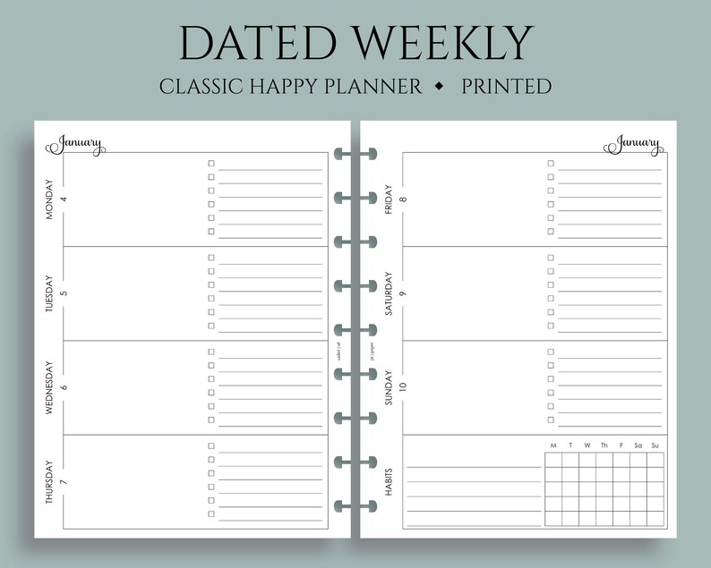 Dated Weekly Planner Inserts, Classic Happy Planner, Horizontal Layout, Daily To Do List, Weekly Habit Tracker, WO2P ~ 7" x 9.25" zdjęcie 1