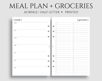 Weekly Meal Planning and Grocery Shopping List Planner Inserts, Minimal Style, Functional ~ A5 Rings, Half Letter Size / 5.5" x 8.5"