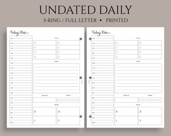 Undated Daily Planner Inserts, Schedule, Health, Meal, Water, Exercise Tracker, To Do List ~ Fits Full Letter Size 3-Ring / 8.5" x 11"