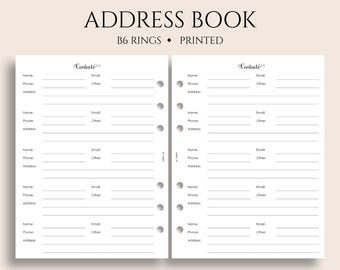 Address Book Planner Inserts, B6 Planner, 6-Ring, Personal and Business Contacts Pages, Phone Numbers and Addresses ~ 5.3" x 7"