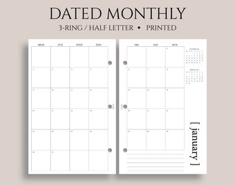 Dated Monthly Calendar Planner Inserts, Monday Start, MO2P, Minimal, Functional ~ Half Letter Size 3-Ring / 5.5" x 8.5"