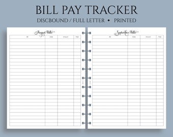 Monthly Bill Pay Tracker Planner Inserts, Bills Due Reminder, Payment Organizer ~ Full Letter Size Discbound / 8.5" x 11"