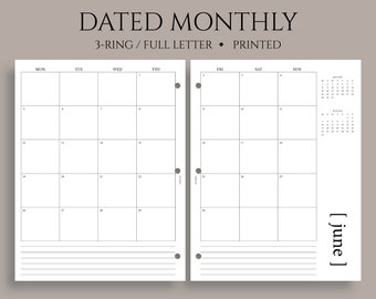 Dated Monthly Calendar Planner Inserts, Monday Start, MO2P, Minimal, Functional ~ Fits Full Letter Size 3-Ring / 8.5" x 11"