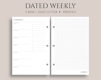Dated Weekly Planner Inserts, Horizontal, Graph, Two-Page Weekly, Minimal, Functional, WO2P ~ Half Letter Size 3-Ring / 5.5" x 8.5"