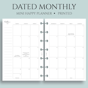 Dated Monthly Calendar Planner Inserts, Mini Happy Planner, Sunday Start, with Holidays, MO2P ~ 4.6" x 7"