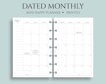 Dated Monthly Calendar Planner Inserts, Mini Happy Planner, Sunday Start, with Holidays, MO2P ~ 4.6" x 7"