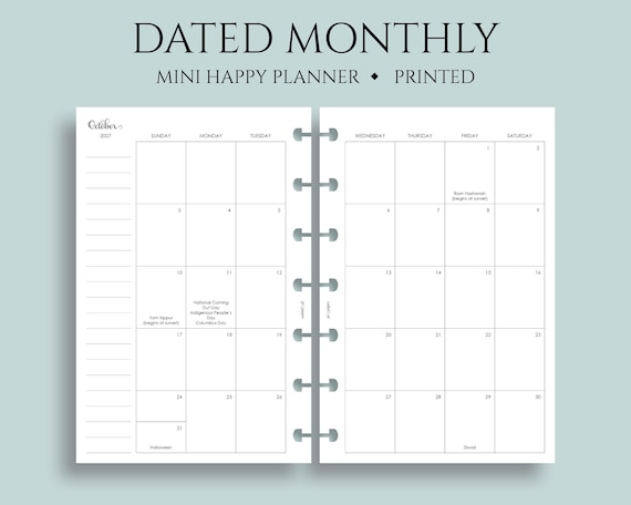 Dated Monthly Calendar Planner Inserts, Mini Happy Planner, Sunday Start, with Holidays, MO2P ~ 4.6" x 7"