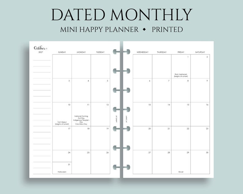 Dated Monthly Calendar Planner Inserts, Mini Happy Planner, Sunday Start, with Holidays, MO2P ~ 4.6" x 7" Bild 1