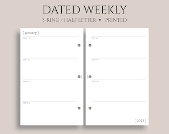 Dated Weekly Planner Inserts, Horizontal Layout, Two-Page Weekly, Minimal, Functional, WO2P ~ Half Letter Size 3-Ring / 5.5" x 8.5"