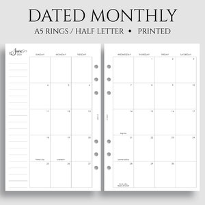 Dated Monthly Calendar Planner Inserts, Sunday Start, Optional Holidays, MO2P ~ A5 Rings, Half Letter Size / 5.5" x 8.5"