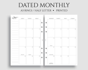 Dated Monthly Calendar Planner Inserts, Sunday Start, Optional Holidays, MO2P ~ A5 Rings, Half Letter Size / 5.5" x 8.5"