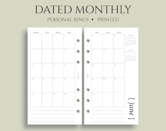 Dated Monthly Calendar Planner Inserts, Monday Start, MO2P, Minimal, Functional ~ Personal Rings / 3.75" x 6.75"