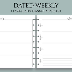 Dated Weekly Planner Inserts, Classic Happy Planner, Two Page Horizontal Layout, Lined Notes Section, WO2P ~ 7" x 9.25"