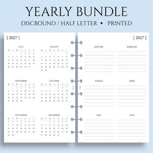 May include: A printed yearly planner insert with a discbound/half-letter format. The layout includes monthly calendars for the second half of the year and lined pages for notes. The text "YEARLY BUNDLE" is at the top.