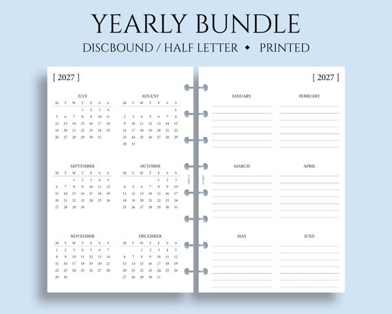 Yearly Calendar Bundle, Junior Half Letter Size Discbound, Year-at-a-Glance, Important Dates, Functional ~ 5.5" x 8.5"