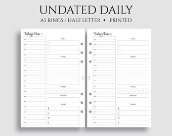 Undated Daily Planner Inserts, Schedule, To-Do List, Health, Exercise, Meal, Water Tracker, DO1P ~ A5 Rings, Half Letter Size / 5.5" x 8.5"