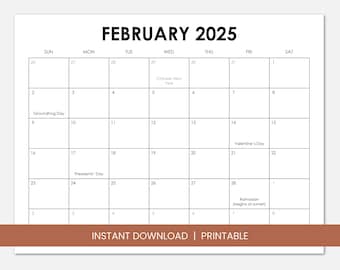 February 2025 Calendar with Holidays, Printable Dated February Monthly Calendar, Instant Digital Download PDF, Sunday Start or Monday Start