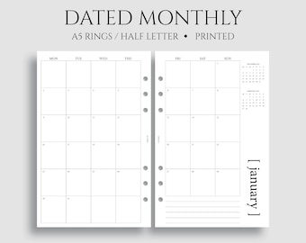 Dated Monthly Calendar Planner Inserts, Monday Start, MO2P, Minimal, Functional ~ A5 Rings, Half Letter Size / 5.5" x 8.5"