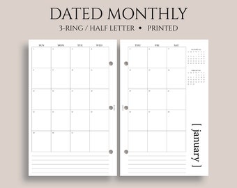 Dated Monthly Calendar Planner Inserts, Sunday Start, MO2P, Minimal, Functional ~ Half Letter Size 3-Ring / 5.5" x 8.5"