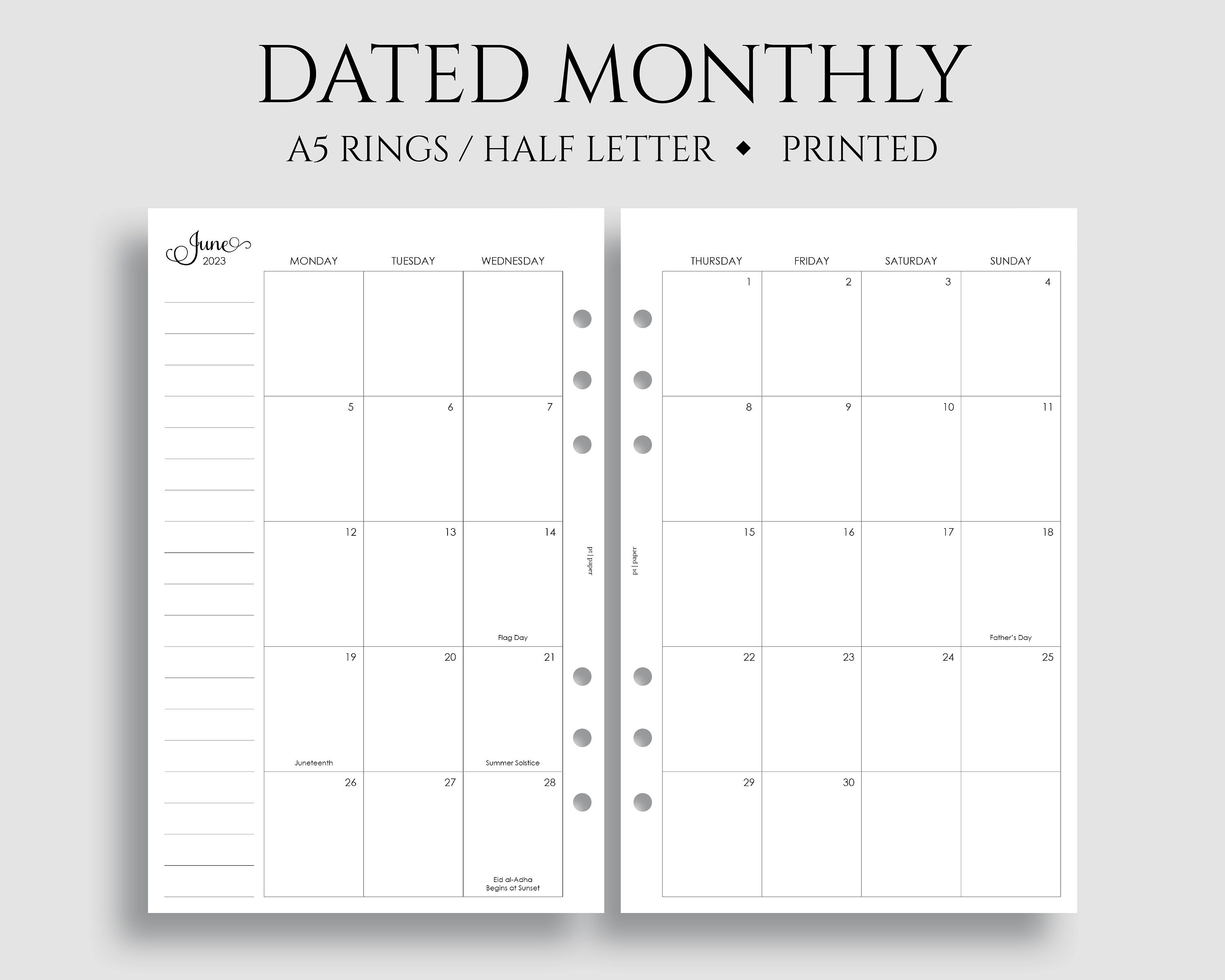 A5 Quarterly Planner Inserts | Q3 July-Sept 2024 Calendar