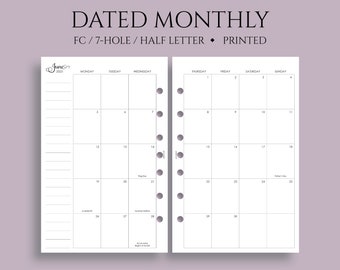 Dated Monthly Calendar Planner Inserts, Monday Start, Optional Holidays, MO2P ~ FC Classic 7-Hole, Half Letter Size / 5.5" x 8.5"