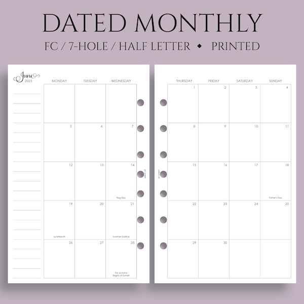 Dated Monthly Calendar Planner Inserts, Monday Start, Optional Holidays, MO2P ~ FC Classic 7-Hole, Half Letter Size / 5.5" x 8.5"