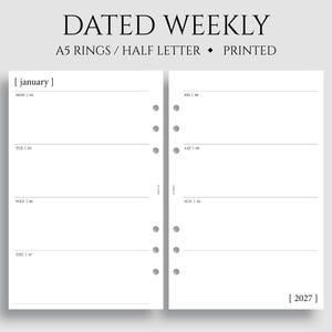 Dated Weekly Planner Inserts, A5 6-Ring Punch, Half Letter Size, Horizontal Layout, Minimal, Two-Page Weekly, WO2P ~ 5.5" x 8.5"