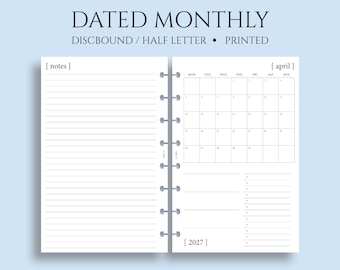 Dated Monthly Calendar Planner Inserts, Junior Half Letter Size Discbound, Monday Start, MO1P, Minimal, Functional ~ 5.5 x 8.5"