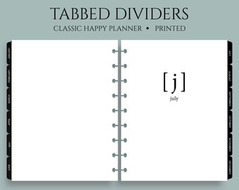 Tabbed Monthly Dividers, Printed Monthly Designs with Mylar Tabs, Minimal Design ~ Classic Happy Planner / 7" x 9.25" Discbound