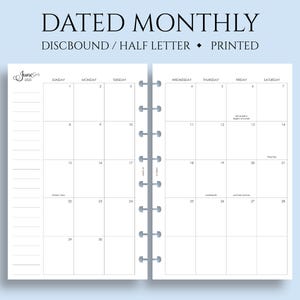 Dated Monthly Calendar Planner Inserts, Junior Half Letter Size Discbound, Sunday Start, Optional Holidays, MO2P ~ 5.5&quot; x 8.5&quot;