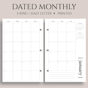 Dated Monthly Calendar Planner Inserts, 3-Ring Mini, Half Letter, Sunday Start, MO2P, Minimal, Functional ~ 5.5" x 8.5"