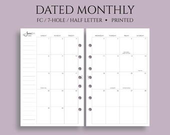 Dated Monthly Calendar Planner Inserts, FC Classic 7-Hole, Sunday Start with Holidays, MO2P, Daytimer ~ Half Letter Size / 5.5" x 8.5"