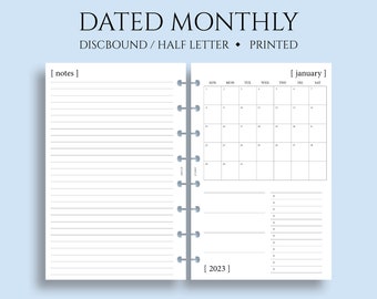 Dated Monthly Calendar Planner Inserts, Sunday Start, MO1P, Minimal, Functional ~ Junior Half Letter Size Discbound / 5.5 x 8.5"