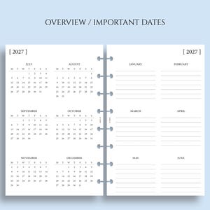 Op de afbeelding: Een planner-invoeging voor 2027, met maandkalenders en gelijnde secties voor notities. De linkerkant toont de maanden juli tot en met december, terwijl de rechterkant ruimte heeft voor januari tot en met juni. De tekst "OVERVIEW / IMPORTANT DATES" staat bovenaan.