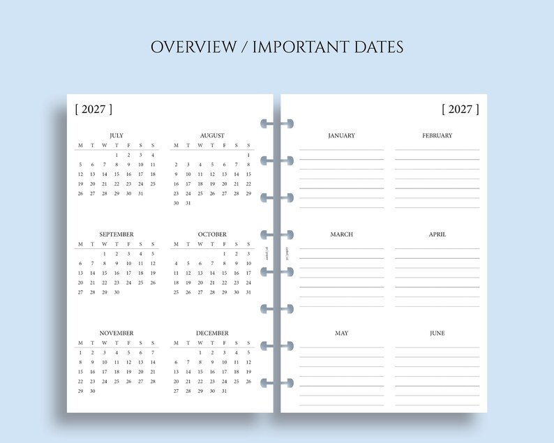 Op de afbeelding: Een planner-invoeging voor 2027, met maandkalenders en gelijnde secties voor notities. De linkerkant toont de maanden juli tot en met december, terwijl de rechterkant ruimte heeft voor januari tot en met juni. De tekst "OVERVIEW / IMPORTANT DATES" staat bovenaan.