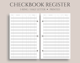 Checkbook Register Inserts, Check Transaction Register Pages, Budget Planner Inserts ~ Half Letter Size 3-Ring / 5.5" x 8.5"