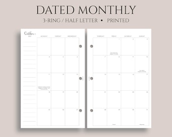 Dated Monthly Calendar Planner Inserts, 3-Ring Mini, Half Letter, Monday Start, Holidays, MO2P ~ 5.5" x 8.5"