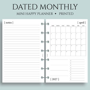 Dated Monthly Calendar Planner Inserts, Mini Happy Planner, Sunday Start, MO1P, Minimal, Functional ~ 4.6" x 7"