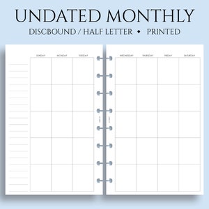 Undated Monthly Calendar Planner Inserts, Sunday Start, MO2P Layout ~ Junior Half Letter Size Discbound / 5.5&quot; x 8.5&quot;