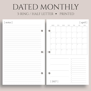 Dated Monthly Calendar Planner Inserts, 3-Ring Mini, Half Letter, Monday Start, MO1P, Minimal, Functional ~ 5.5" x 8.5"