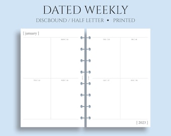 Dated Weekly Planner Inserts, Vertical Layout, Two-Page Weekly, Minimal, Functional, WO2P ~ Junior Half Letter Size Discbound / 5.5 x 8.5"