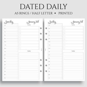 Dated Daily Planner Inserts, A5 6-Ring Punch, Half Letter Size, Hourly Schedule, To-Do List, Time Blocking, Notes, DO1P ~ 5.5" x 8.5"