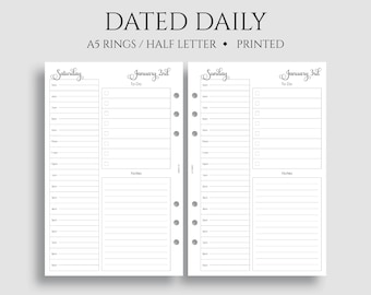 Dated Daily Planner Inserts, A5 6-Ring Punch, Half Letter Size, Hourly Schedule, To-Do List, Time Blocking, Notes, DO1P ~ 5.5" x 8.5"